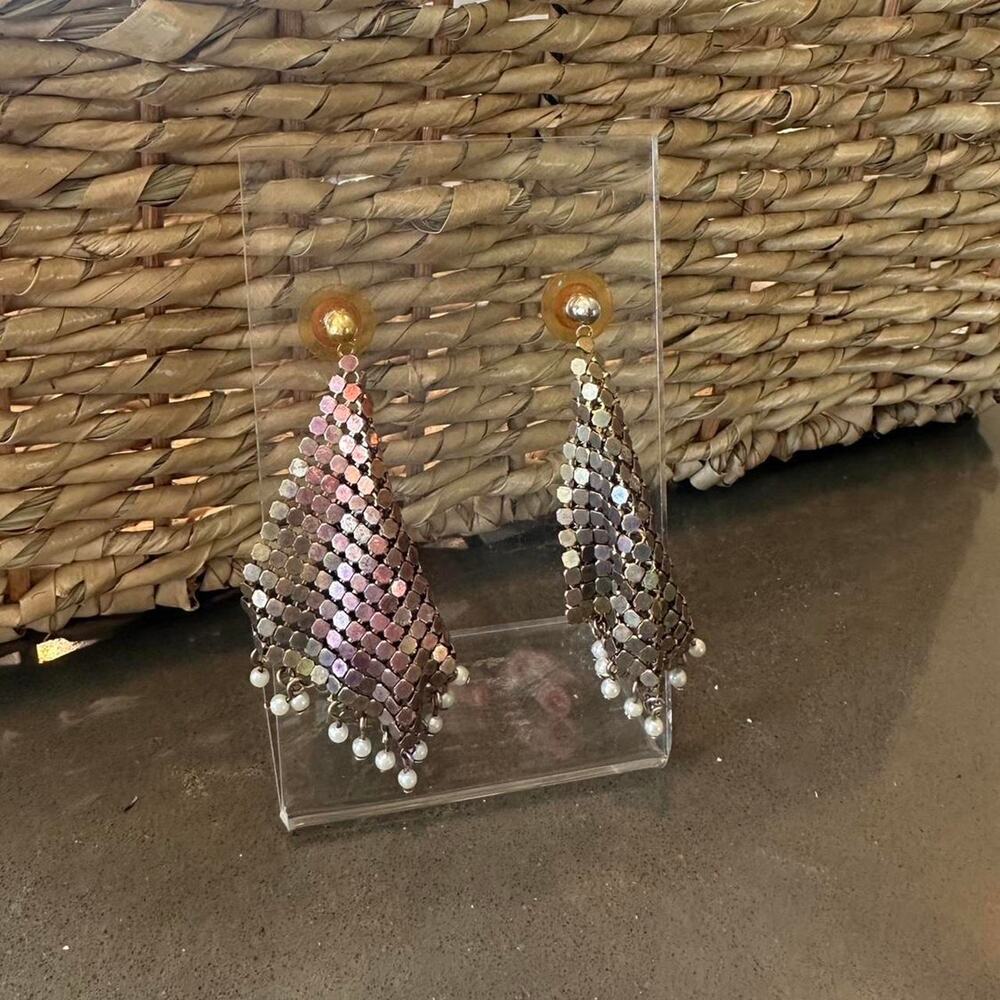 Vintage Women’s Mesh Earrings Gold Pink Ombre with Pearl Detail